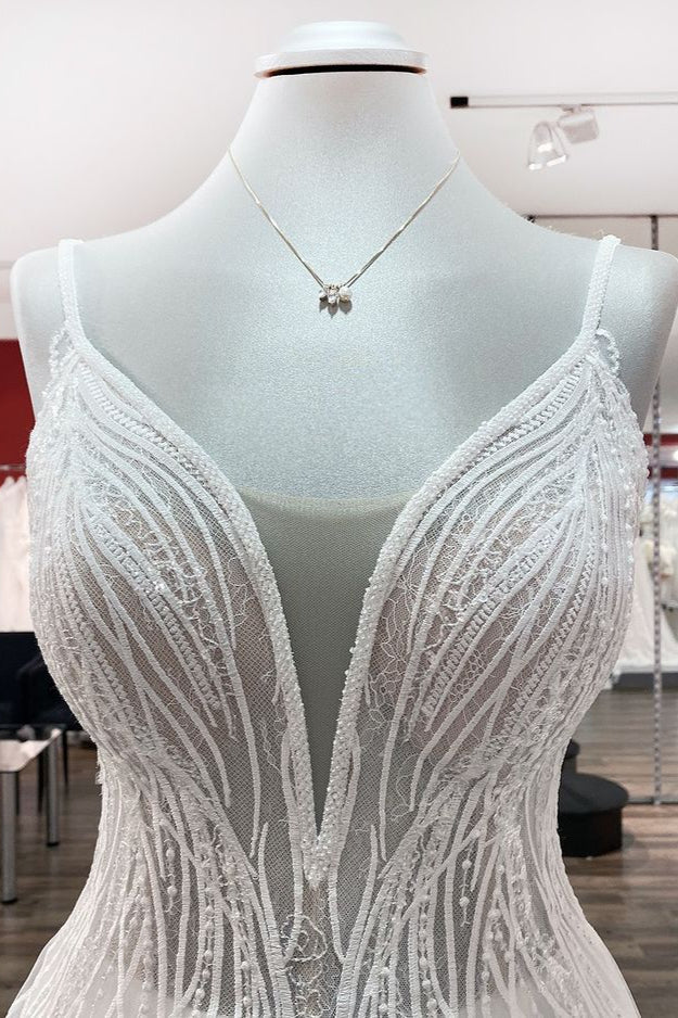 Robe de mariée simple longue à col en V, paillettes, volants, ligne A, tulle, dos nu