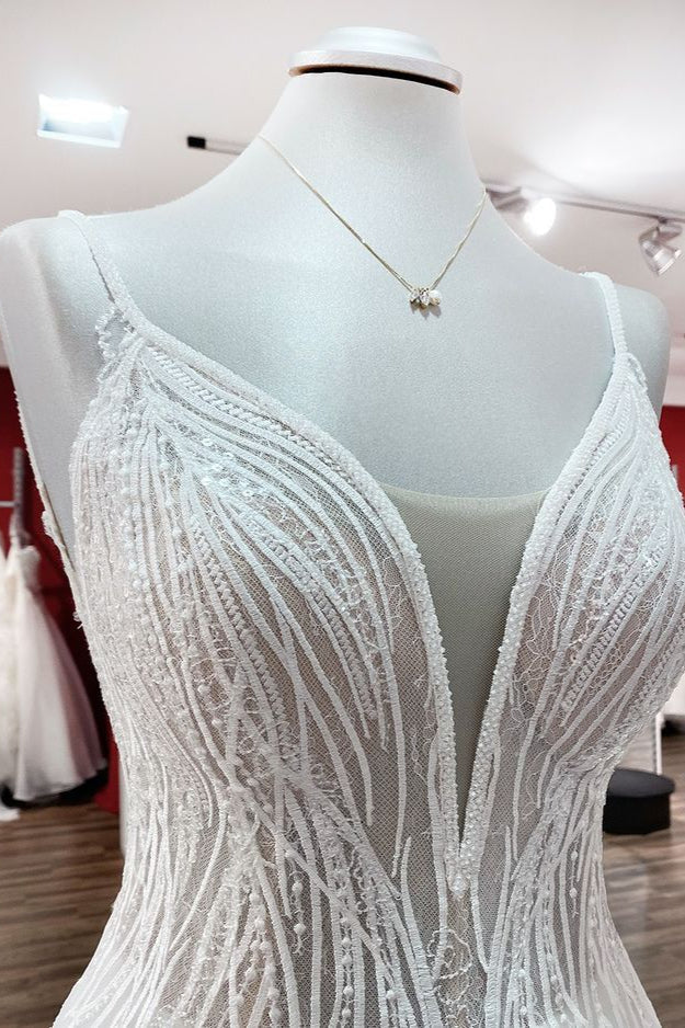 Robe de mariée simple longue à col en V, paillettes, volants, ligne A, tulle, dos nu