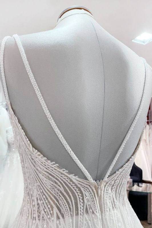 Robe de mariée simple longue à col en V, paillettes, volants, ligne A, tulle, dos nu