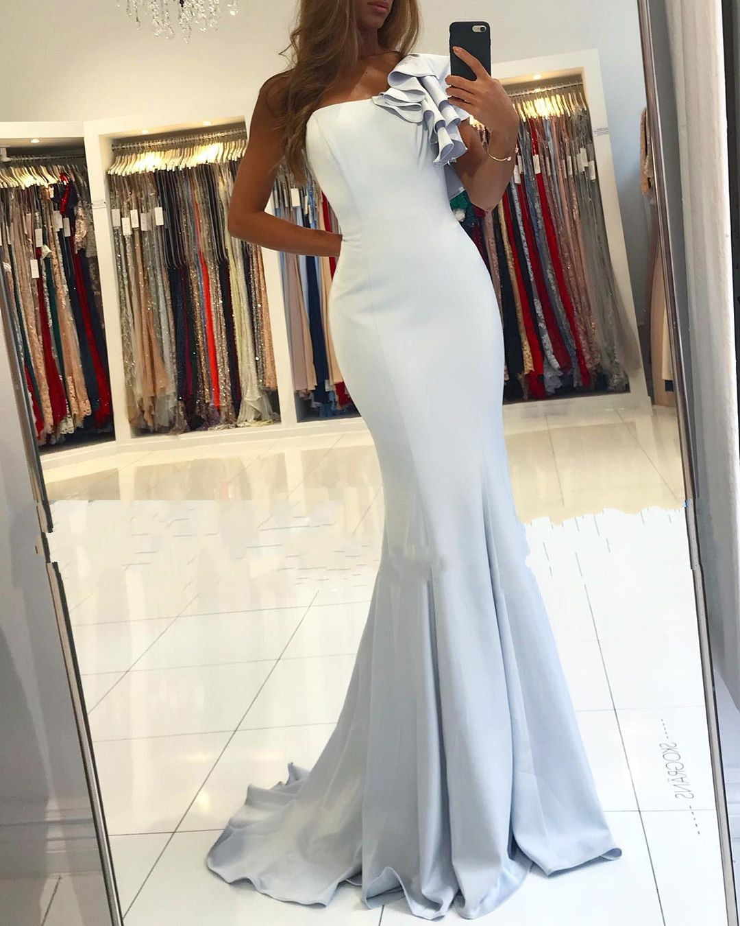 Simple Mermaid One Shoulder Backless Satin Long Prom Dress