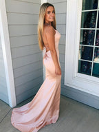 Simple Mermaid Spaghetti Straps Satin Backless Long Prom Formal Evening Dresses
