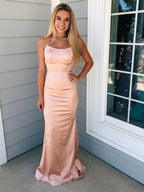 Simple Mermaid Spaghetti Straps Satin Backless Long Prom Formal Evening Dresses