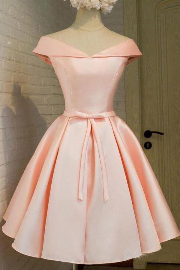 Simple Off the Shoulder Blush Homecoming Dresses Satin Graduation Dress