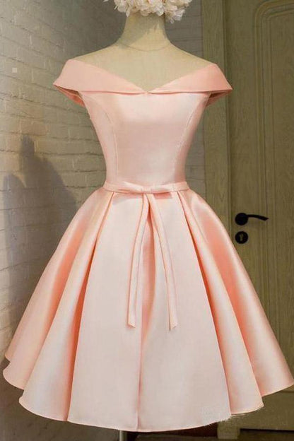 Simple Off the Shoulder Blush Homecoming Dresses Satin Graduation Dress