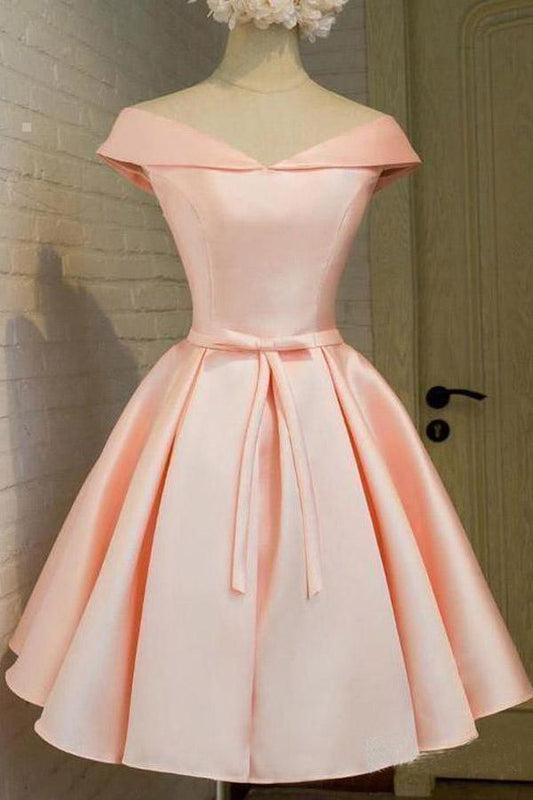 Simple Off the Shoulder Blush Homecoming Dresses Satin Graduation Dress