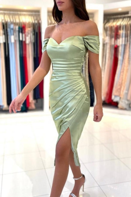 فساتين سهرة بسيطة مكشوفة الكتفين قصيرة بلون الميرمية مع فتحة