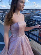 Abito lungo semplice rosa a linea ad A senza spalline in tulle scintillante per ballo formale