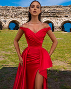 Robe de bal longue rouge simple, ligne A, décolletée épaules dénudées avec fente