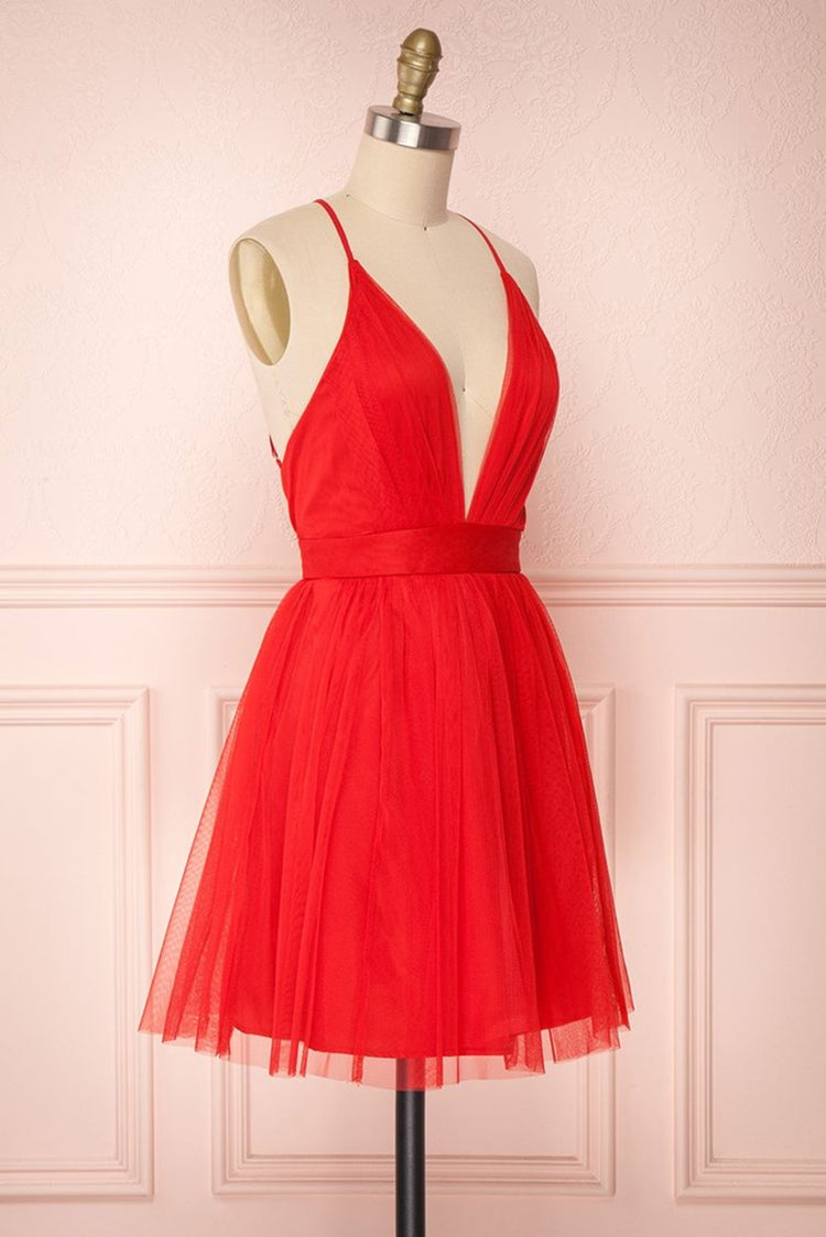 Simple Red A-line V Neck Backless Tulle Short Homecoming Prom Dresses