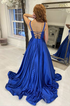 Simple Royal Blue Long A-line Satin Backless Formal Graduation Evening Prom Dresses