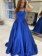 Simple Royal Blue Long A-line Satin Backless Formal Graduation Evening Prom Dresses