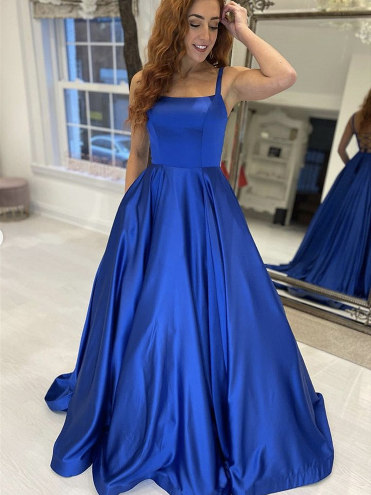Simple Royal Blue Long A-line Satin Backless Formal Graduation Evening Prom Dresses