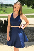 Simple Satin Two Piece Short Royal Blue Homecoming Dress