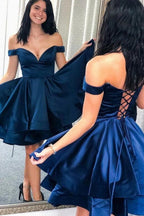 Simple Short A-line Off-the-shoulder Satin Backless Prom Dress