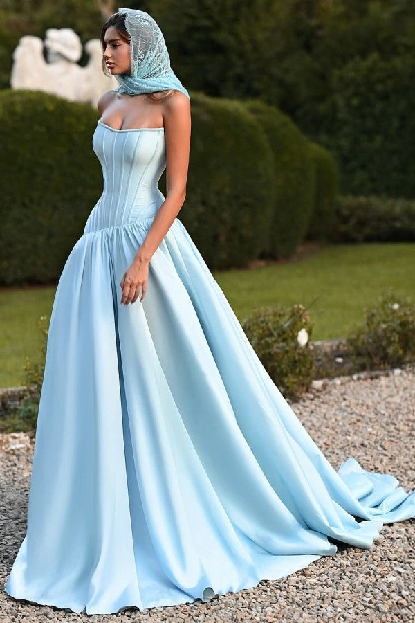 Sky Blue Strapless Sleeveless A Line Prom Dress With Ruffles And Chapel Train