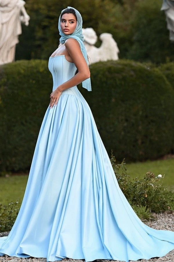 Sky Blue Strapless Sleeveless A Line Prom Dress With Ruffles And Chapel Train