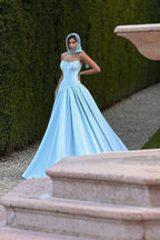 Sky Blue Strapless Sleeveless A Line Prom Dress With Ruffles And Chapel Train