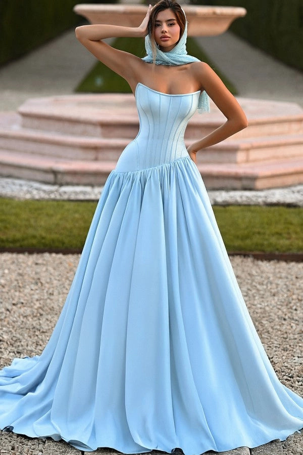 Sky Blue Strapless Sleeveless A Line Prom Dress With Ruffles And Chapel Train