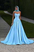 Sky Blue Strapless Sleeveless A Line Prom Dress With Ruffles And Chapel Train