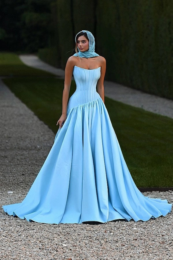 Sky Blue Strapless Sleeveless A Line Prom Dress With Ruffles And Chapel Train