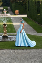 Sky Blue Strapless Sleeveless A Line Prom Dress With Ruffles And Chapel Train