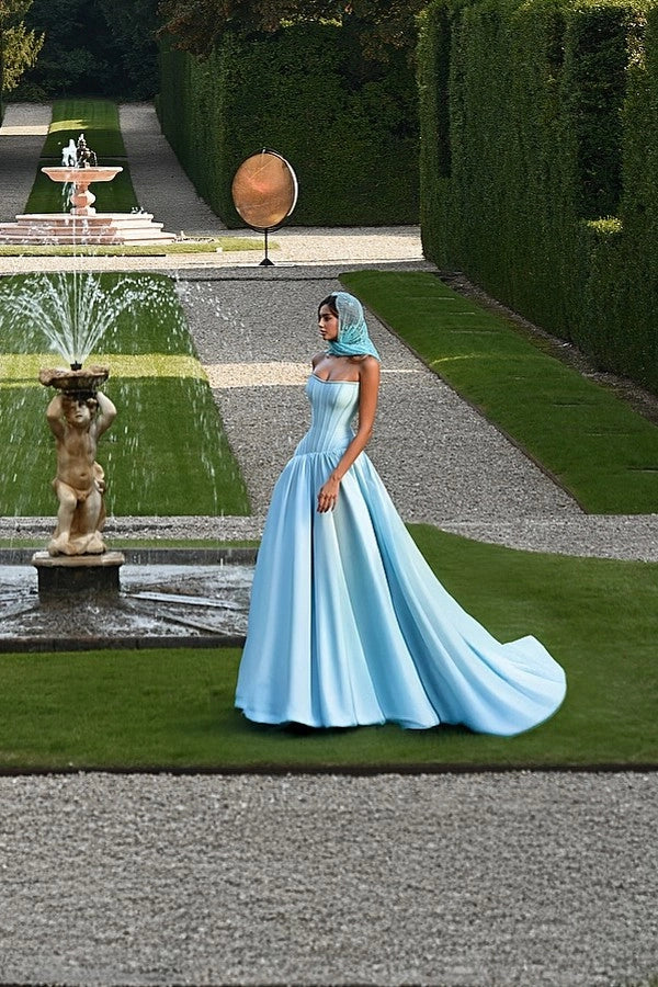 Sky Blue Strapless Sleeveless A Line Prom Dress With Ruffles And Chapel Train