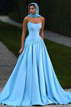 Sky Blue Strapless Sleeveless A Line Prom Dress With Ruffles And Chapel Train