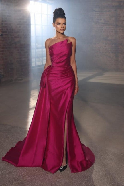 Einfache ärmellose Abendkleider Fuchsia Lange Ballkleider mit Schlitz
