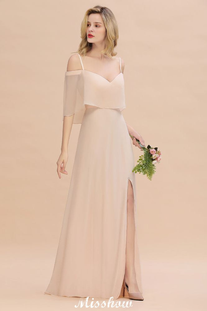 Vestidos de Damas de Honra com Alças Finas e Camadas | Vestidos de Noite Longos em Linha A com Fenda Lateral e Sem Mangas