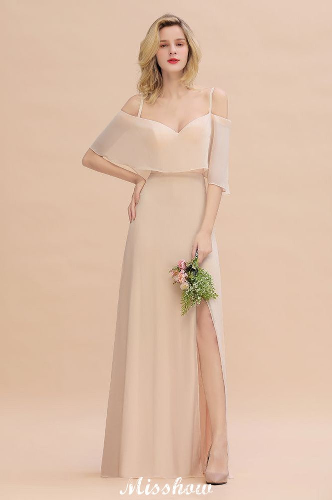 Vestidos de Damas de Honra com Alças Finas e Camadas | Vestidos de Noite Longos em Linha A com Fenda Lateral e Sem Mangas