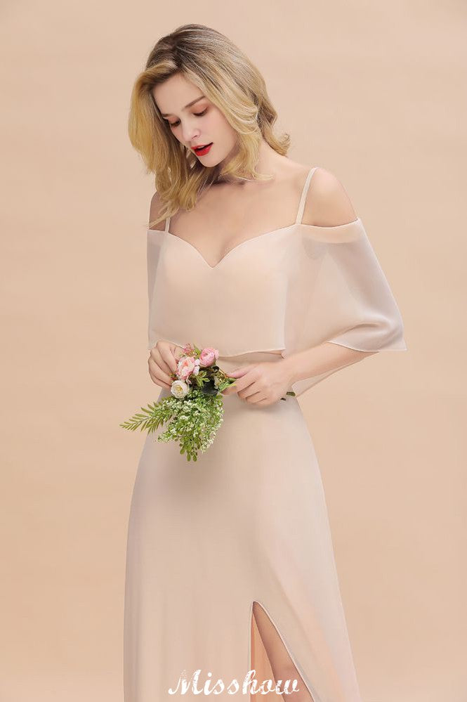 Vestidos de Damas de Honra com Alças Finas e Camadas | Vestidos de Noite Longos em Linha A com Fenda Lateral e Sem Mangas