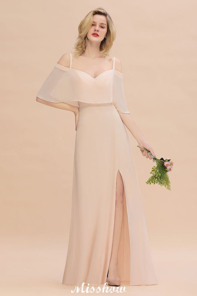 Vestidos de Damas de Honra com Alças Finas e Camadas | Vestidos de Noite Longos em Linha A com Fenda Lateral e Sem Mangas