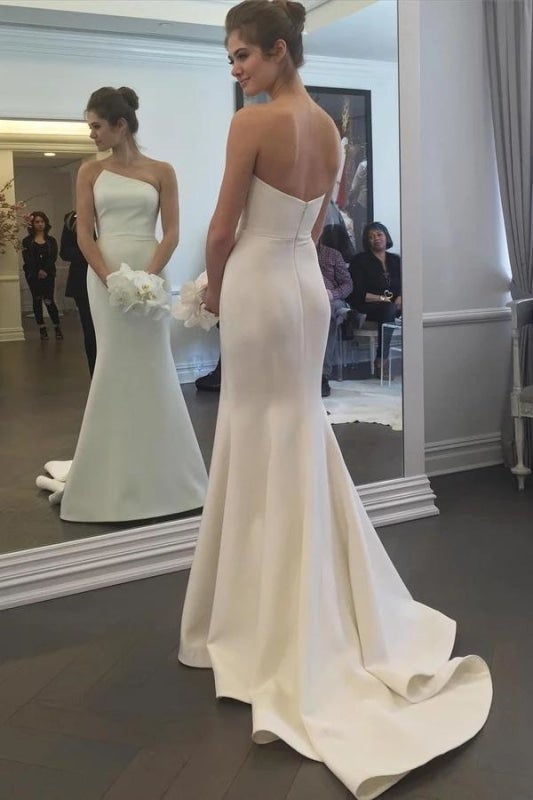 Vestidos de novia elegantes, sencillos, sin tirantes, bonitos, de sirena, largos, color marfil, con cola larga y elegante 