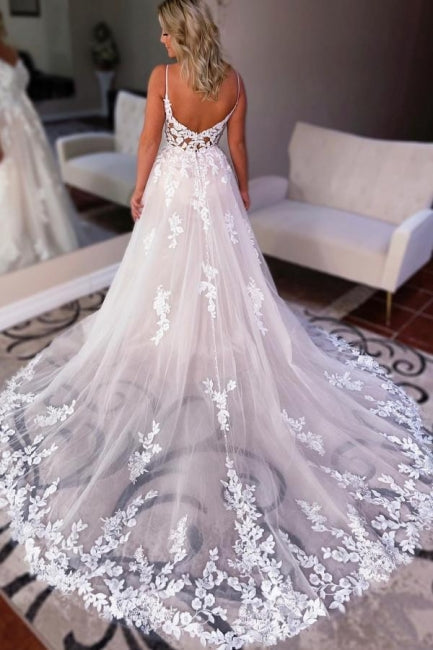 Robes de mariée simples en dentelle, dos nu, coupe évasée en forme de cœur