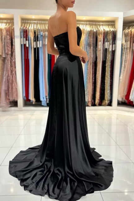 Simple Sweetheart Satin Evening Dresses Black Long Prom Dresses With Slit