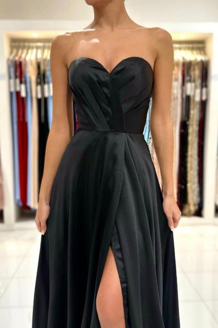 Simple Sweetheart Satin Evening Dresses Black Long Prom Dresses With Slit