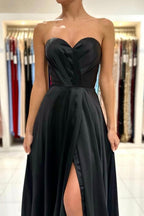 Simple Sweetheart Satin Evening Dresses Black Long Prom Dresses With Slit