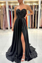 Simple Sweetheart Satin Evening Dresses Black Long Prom Dresses With Slit