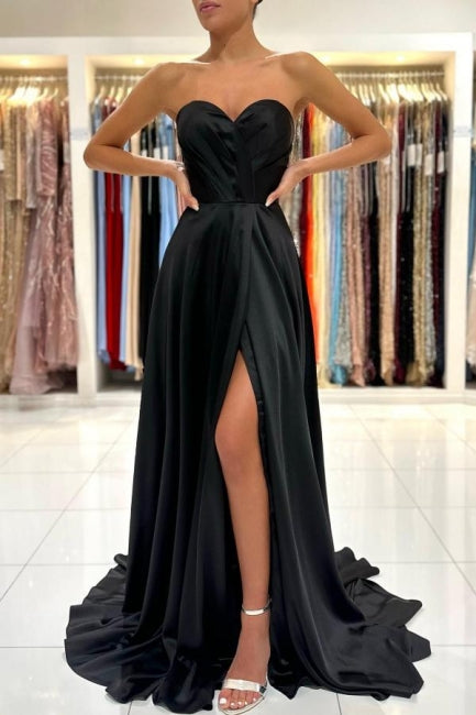Einfache Sweetheart Satin Abendkleider Schwarze lange Ballkleider mit Schlitz
