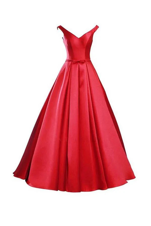 Vestido de baile vermelho simples com decote em V, laço e renda, vestido de dama de honor BD028