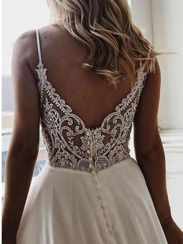 Boho Chiffon V Neck A Line Wedding Dress With Covered Buttons