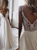 Boho Chiffon V Neck A Line Wedding Dress With Covered Buttons