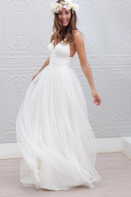 Robe de mariée simple à col en V et longueur au sol avec ceinture froncée WD054