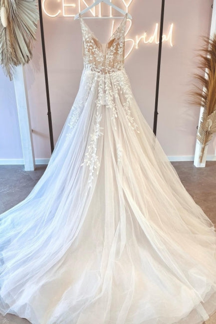 Robes de mariée simples sans manches en dentelle à encolure en V et coupe trapèze