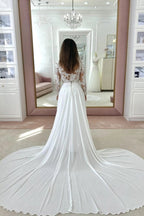 White Crew Neck Long Sleeve A Line Wedding Dress With Appliques And Chapel Train