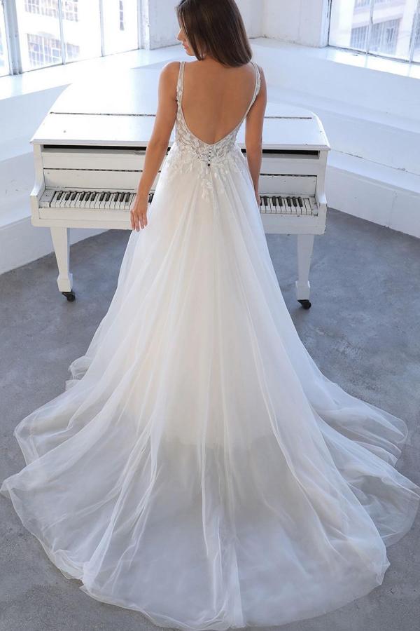 Simple White Long A-line V-neck Tulle Lace Backless Wedding Dress