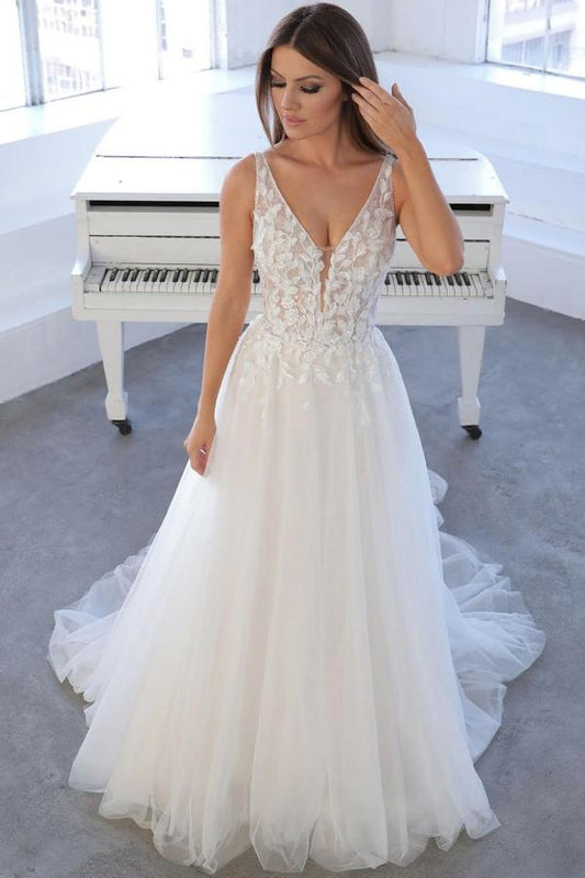 Simple White Long A-line V-neck Tulle Lace Backless Wedding Dress