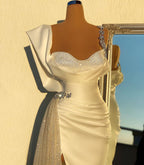 Vestido de Baile Branco Simples Longo com Alças Finas de Sereia, Bordado e Tule, com Fenda