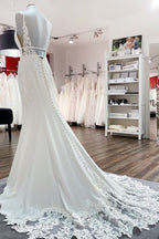 Simply Jewel Sleeveless Satin Appliques Mermaid Wedding Dress With V Neck
