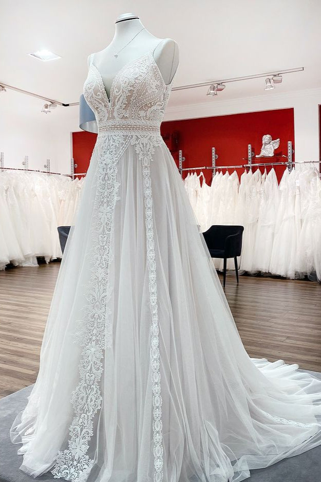 Sleeveless White Tulle Lace Ruffles Aline Backless Wedding Dress Floor Length